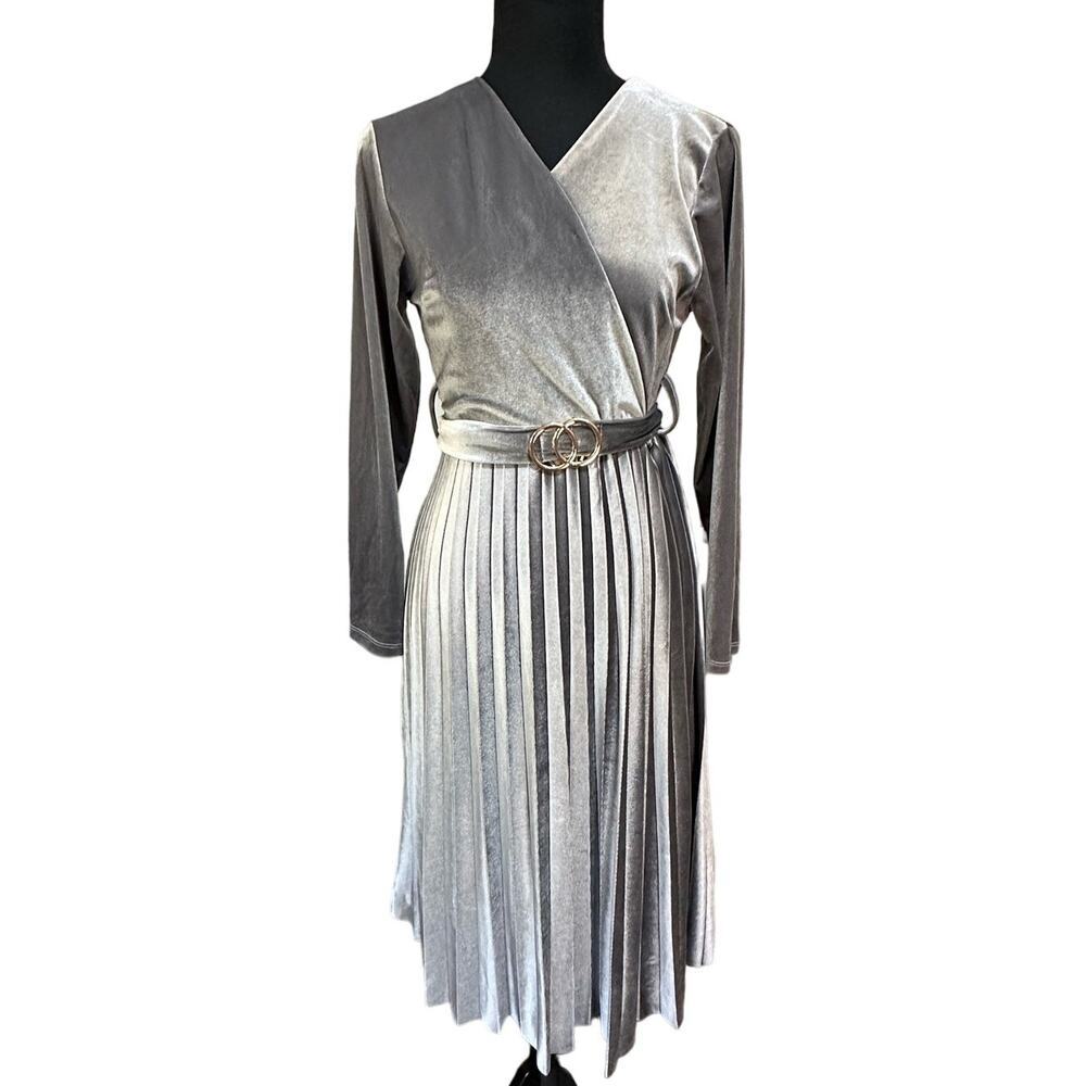 Py Gray Velvet Long Sleeve Pleated Skirt Belted Midi Dress Size S